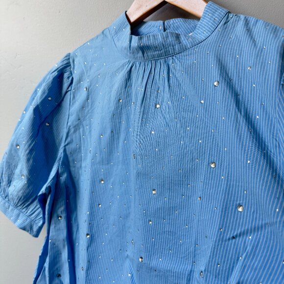 NWT Loft Blue White Striped Short Puff Sleeve Blouse Glitter Dots Cottagecore - Picture 7 of 15